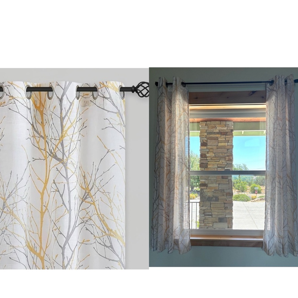 72”x50” 2 panels Semi Sheer short linen curtains yellow gray tree branch light